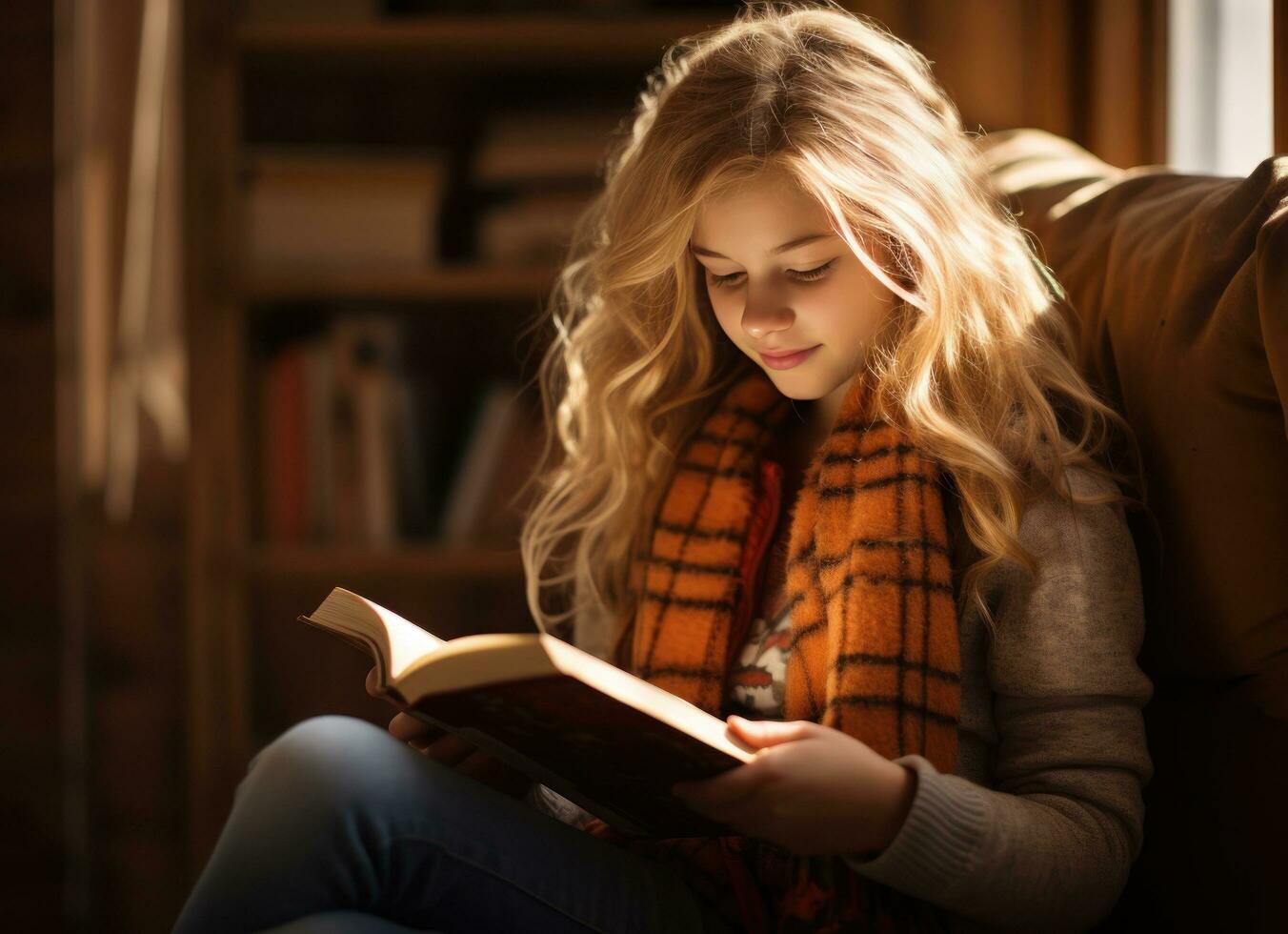 fille en train de lire livre sur patio dans ensoleillé climat photo