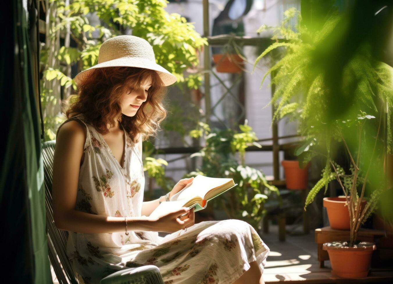 fille en train de lire livre sur patio dans ensoleillé climat photo