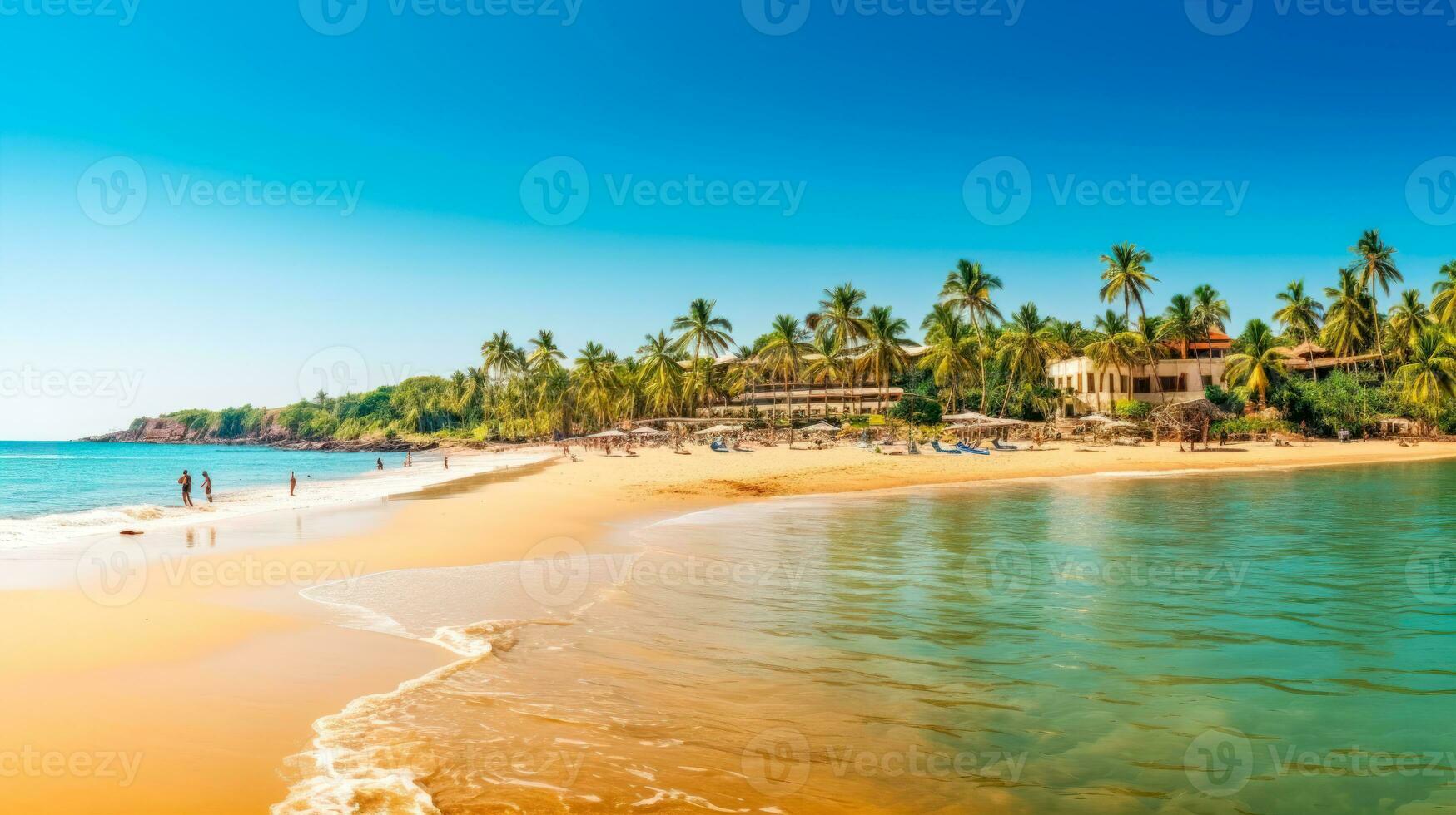 tropical paradis une ensoleillé journée sur le plage avec paume des arbres et blanc recours dans goa Inde ai généré photo