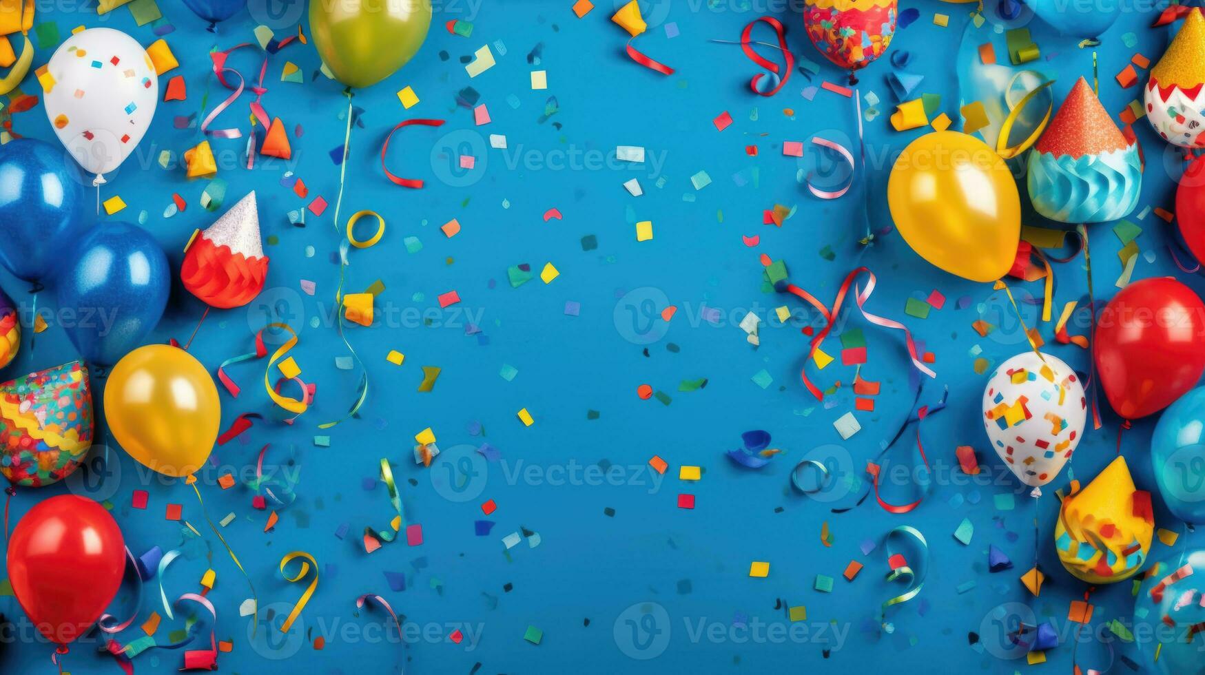 bleu anniversaire Contexte avec des ballons Chapeaux banderoles et confettis ai généré photo