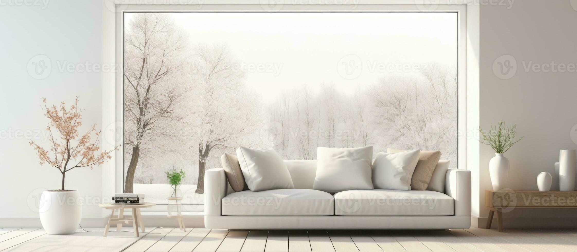 blanc scandinave vivant pièce intérieur avec canapé sol des vases mur décor et une nordique paysage vu de le les fenêtres illustration photo