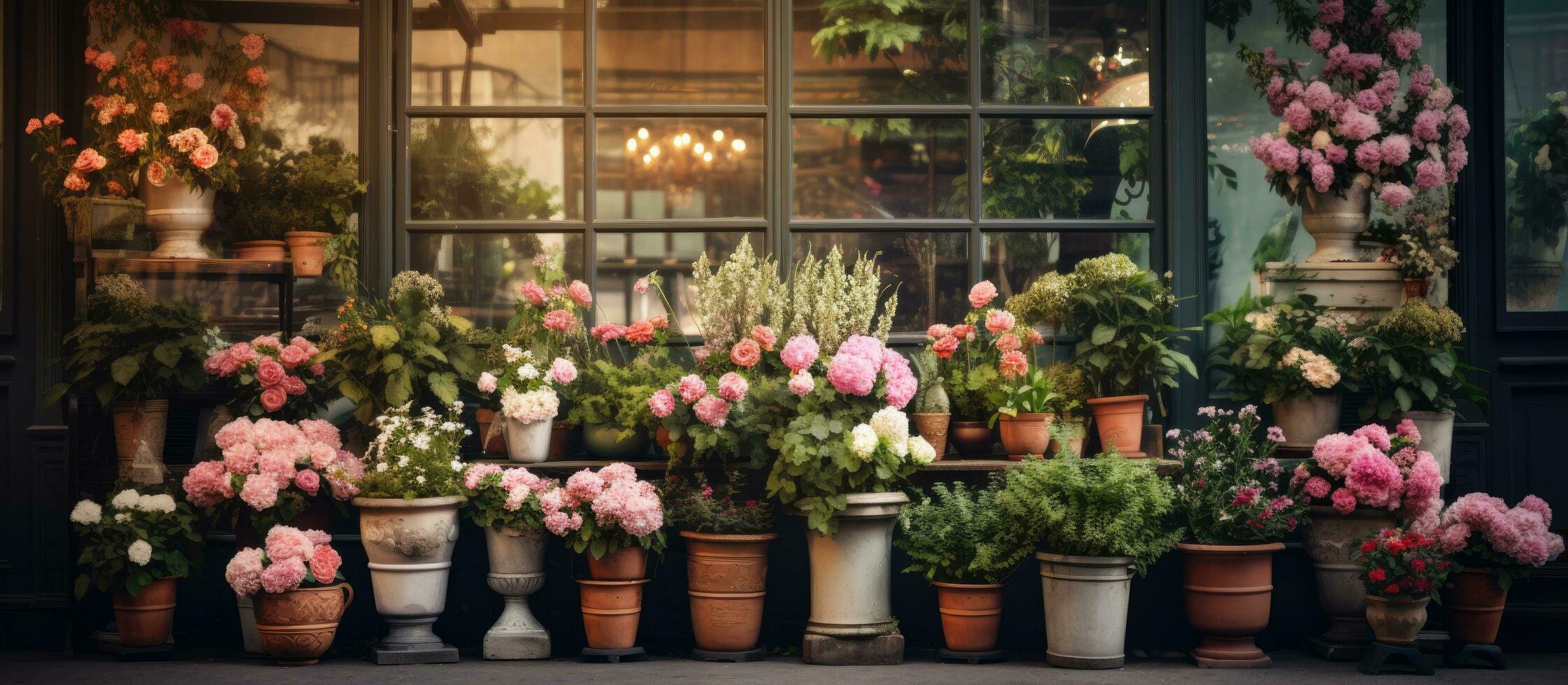 mis en pot fleurs affiché dans une magasin s fenêtre photo