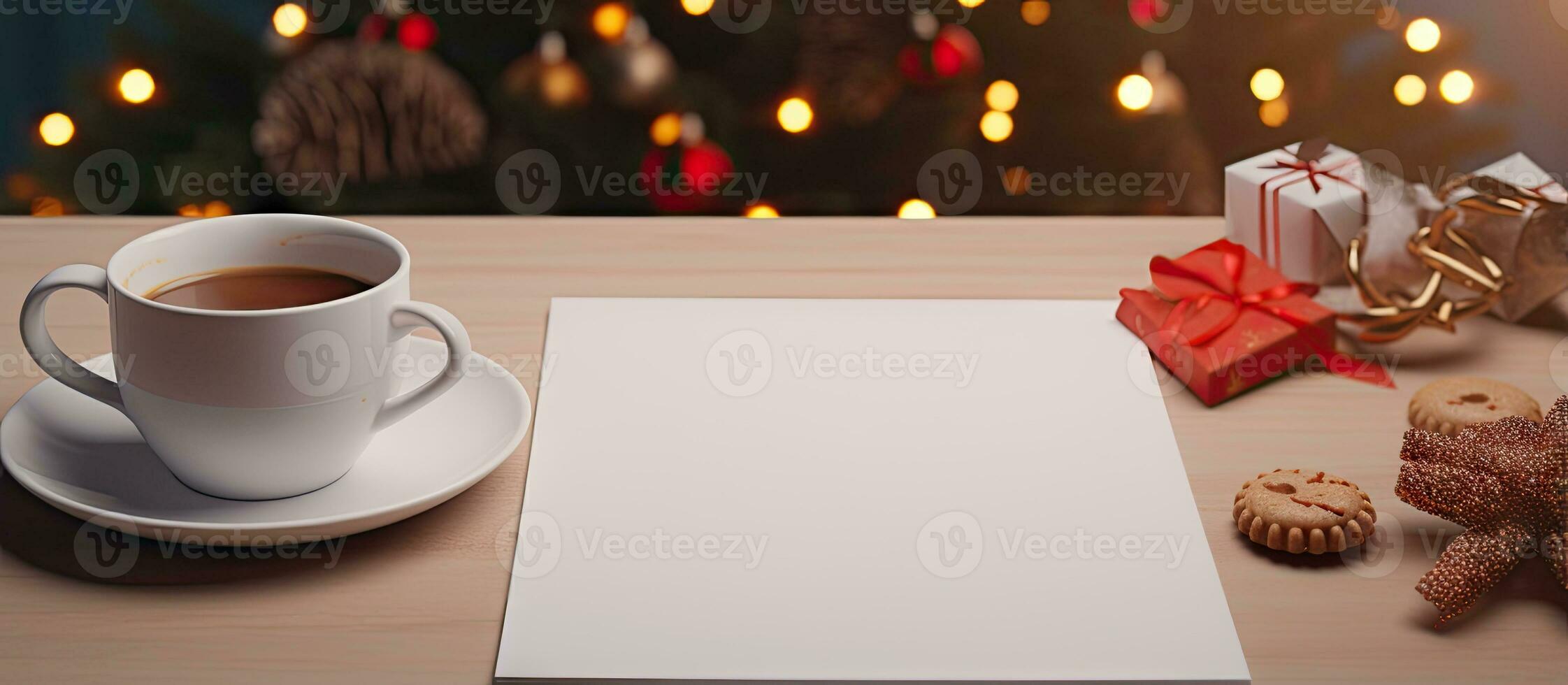 petit déjeuner scène pendant le vacances Remarque papier et Bureau installer avec livres et café photo