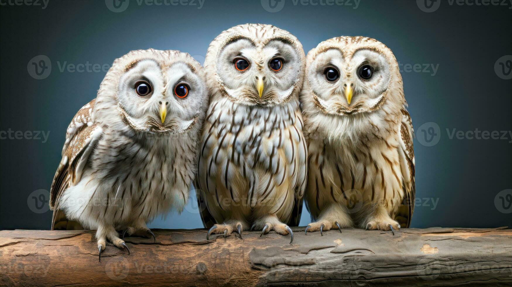 Trois chouettes sur une branche avec flou visages faune et mystère thèmeparfait pour animal étude ai génératif photo