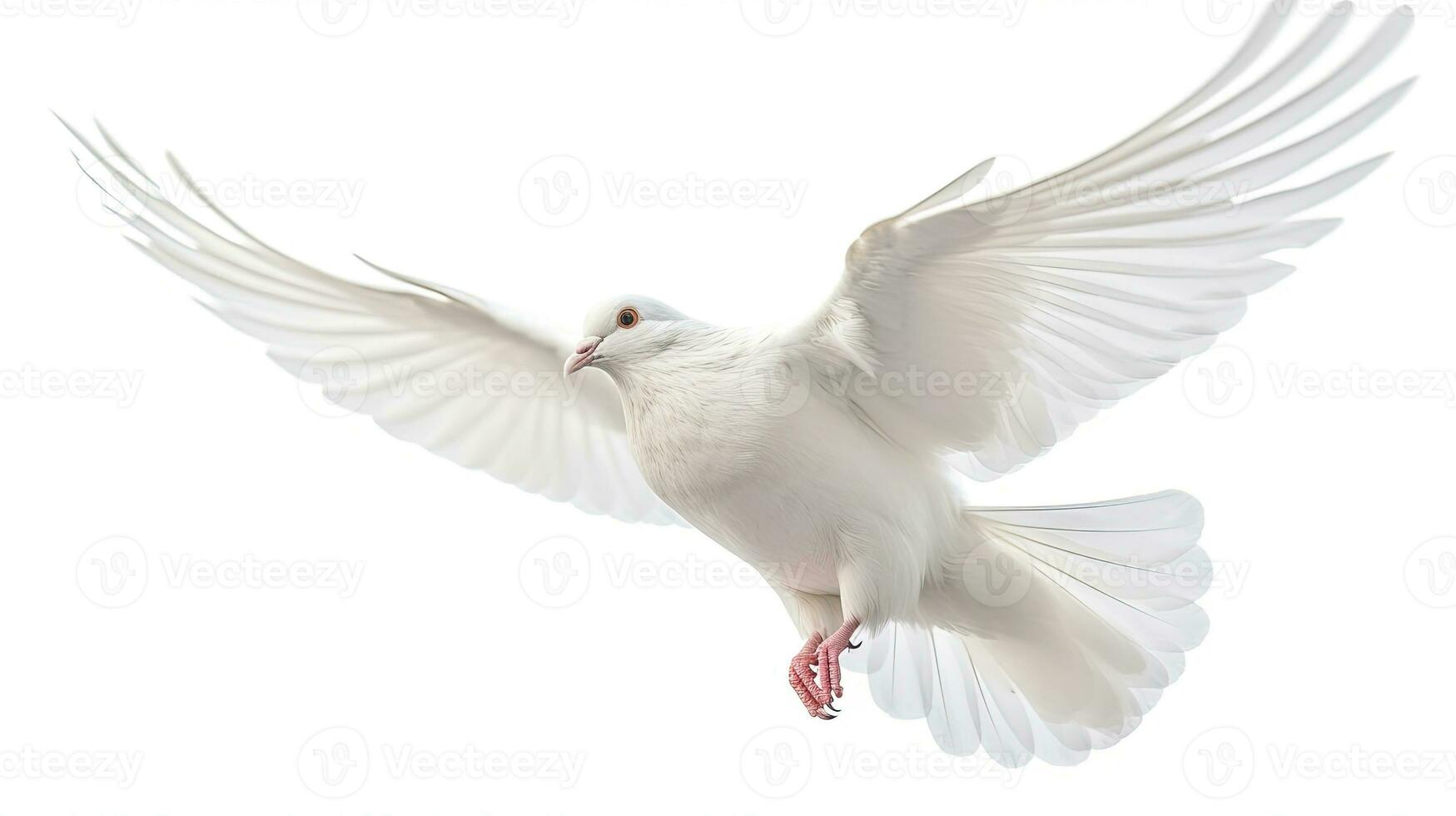 une blanc Colombe en volant isolé sur une blanc Contexte. génératif ai photo