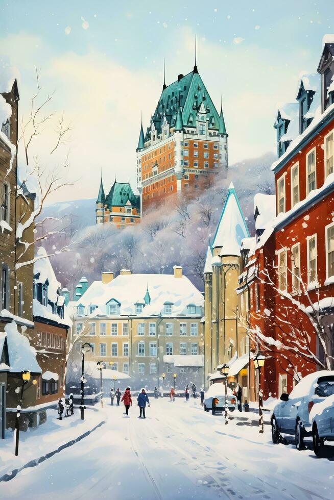 une vibrant aquarelle La peinture capturer le charme de Québec ville dans hiver avec couvert de neige des rues et historique architecture photo