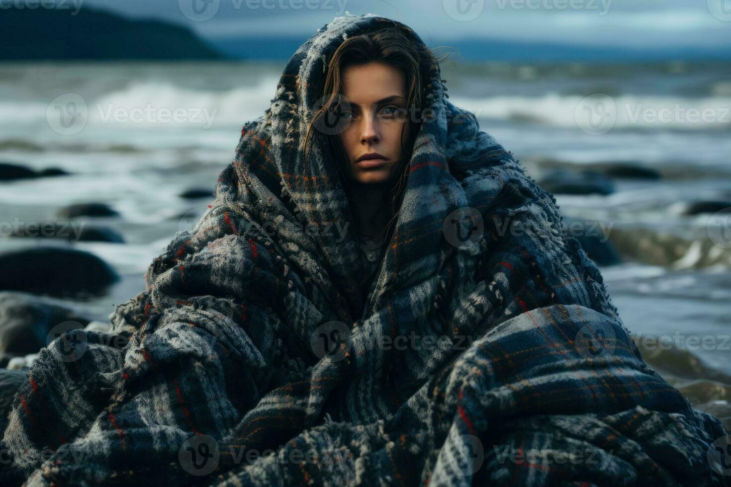 femme dans confortable plaid fabriqué de mer vagues photo