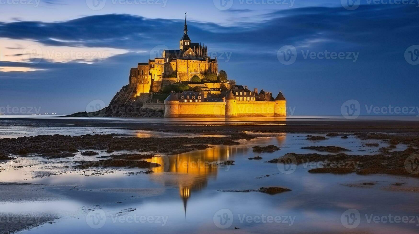 magnifique Château avec nuit lumières dans la Normandie à faible marée sur le côte. génératif ai photo