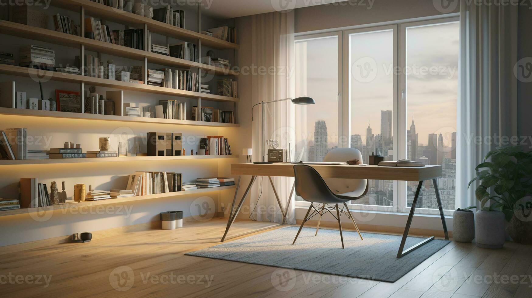 bien en regardant. intérieur de une moderne Accueil Bureau suivant à une gros la fenêtre. lumière bois bureau avec organisé ensemble en haut de livres, Bureau Provisions et ordinateur avec certains pièce décor autour il, génératif ai photo