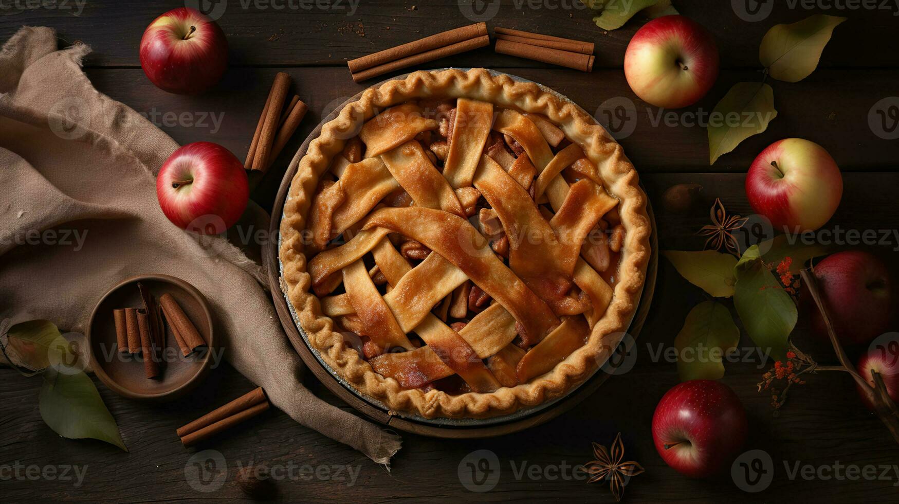 traditionnel américain Merci donnant tarte avec entier biologique pommes, cannelle des bâtons sur en bois tableau. fait maison fruit Tarte cuit à d'or croûte. proche en haut, copie espace, ai génératif photo