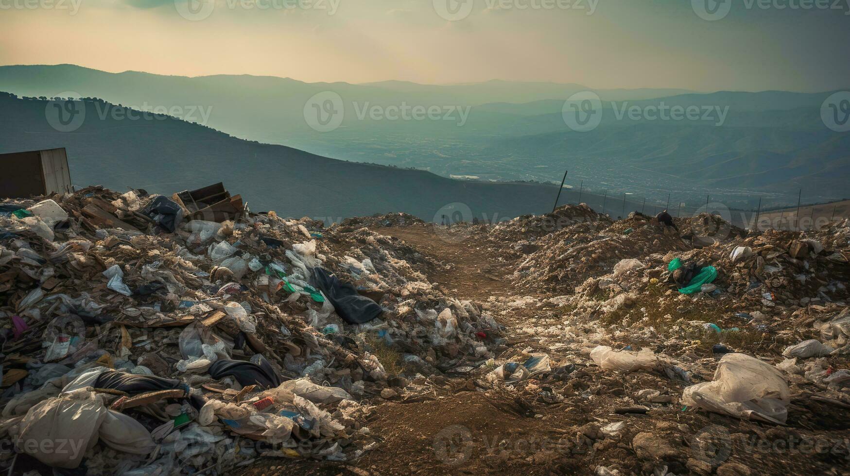 la pollution problème, Montagne des ordures dans municipal décharge pour Ménage déchets, génératif ai photo