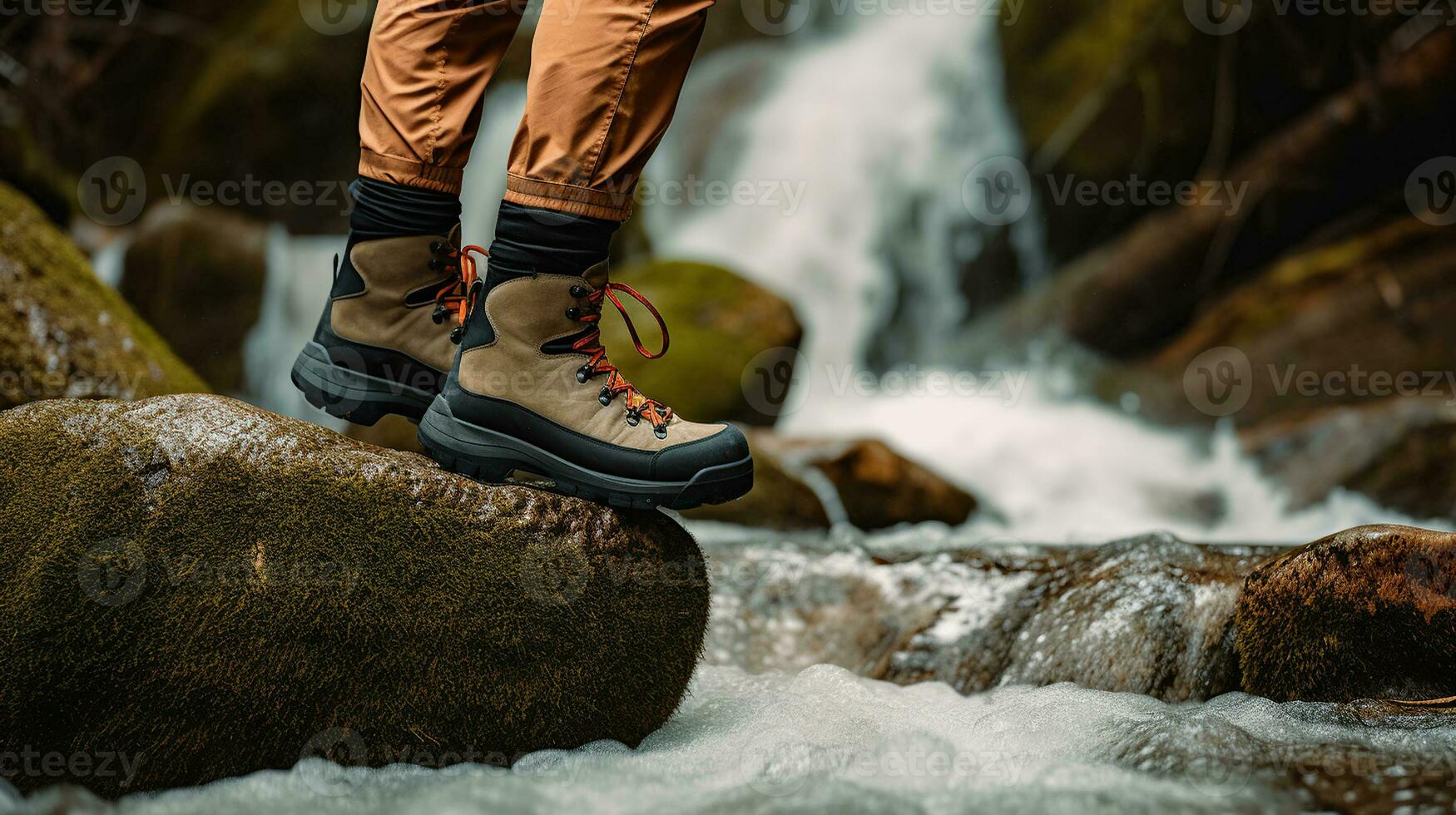 une du randonneur quête se déroule, traversant robuste terrain avec déterminé trekking chaussures. génératif ai photo