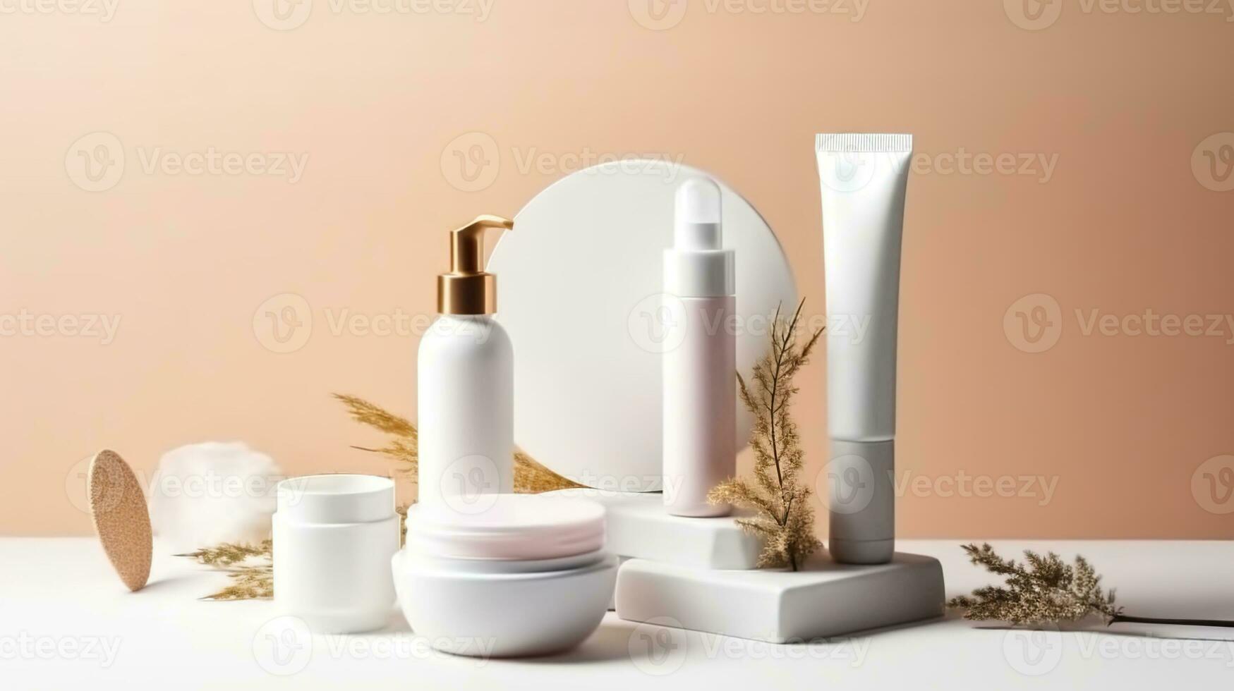 isolé Vide blanc soin de la peau produit ensemble, non étiquette ou logo, entouré par Naturel articles, commercialisation maquette, génératif ai photo