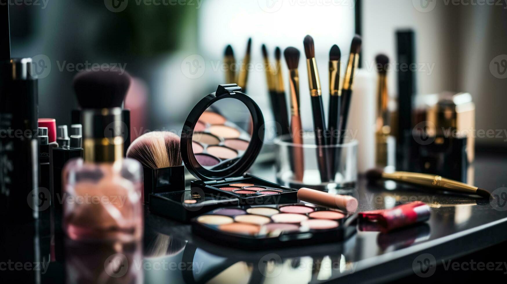 décoratif produits de beauté et outils sur pansement table dans maquillage chambre. ai génératif photo