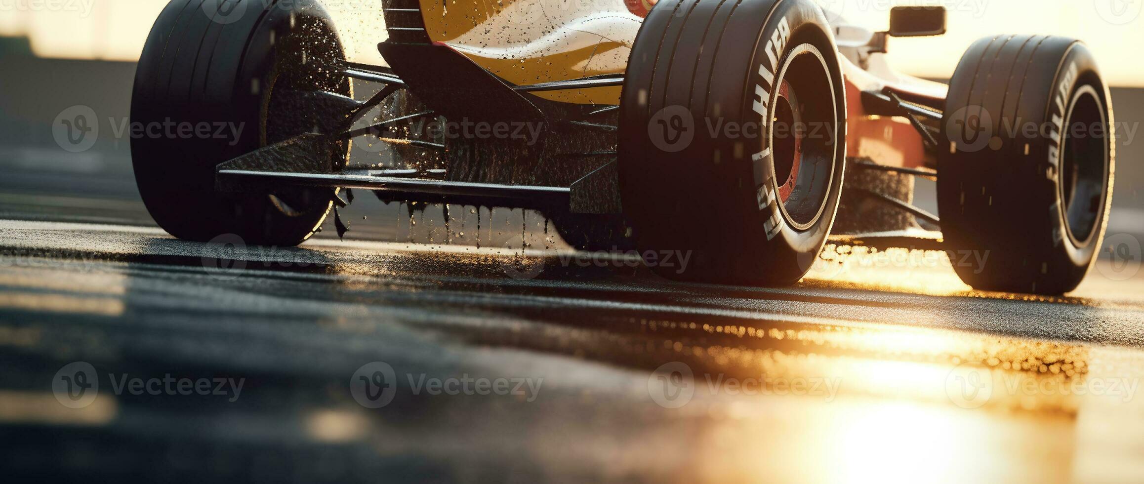 une spectacle de courses excellence au milieu de le réglage soleil, renforcée par faible angle jante éclairage dans captivant lumière Jaune et foncé blanche. génératif ai photo