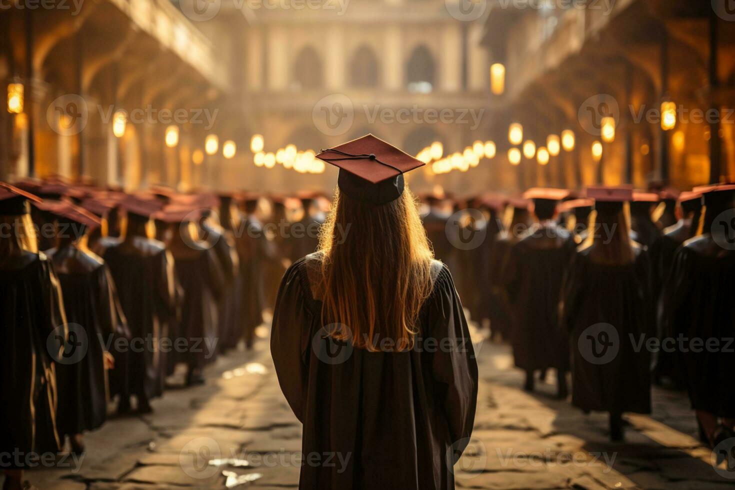 graduation élèves arrière vue parmi Université diplômés ai généré photo