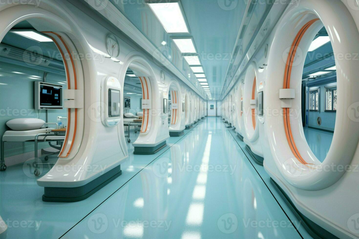 médical concept matérialisé dans le hôpital couloir avec interconnecté pièces ai généré photo