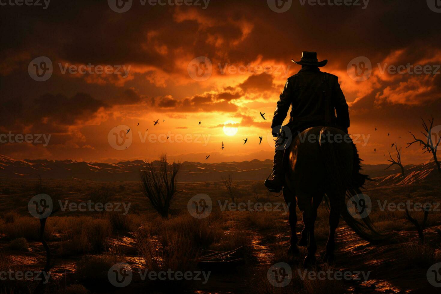 silhouette cavalier, ouvert plaine, occidental le coucher du soleil ai généré photo