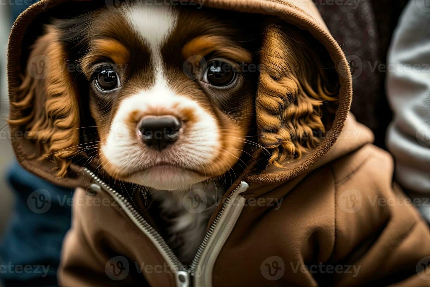 mignonne petit chien portant une marron encapuchonné veste photo