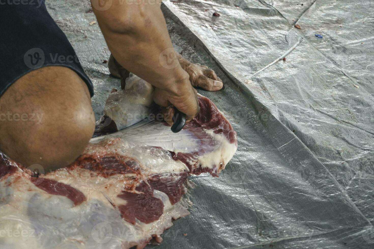 un portrait de musulmans coupant de la viande à l'aïd al adha à l'aide d'un couteau tranchant photo