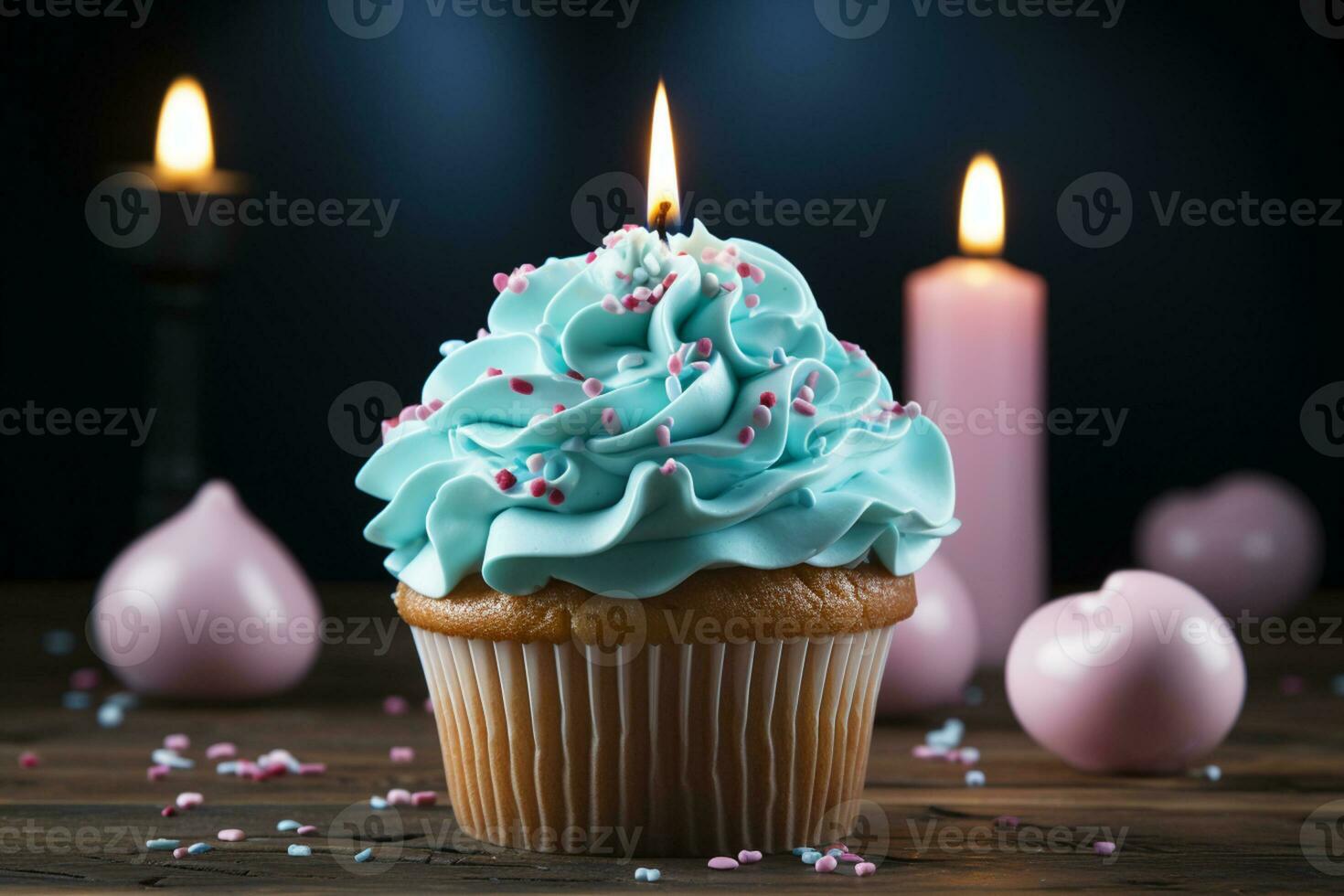 petit gâteau beauté bleu bougie et cœur, couronné par vert petits gâteaux avec crème fromage ai généré photo