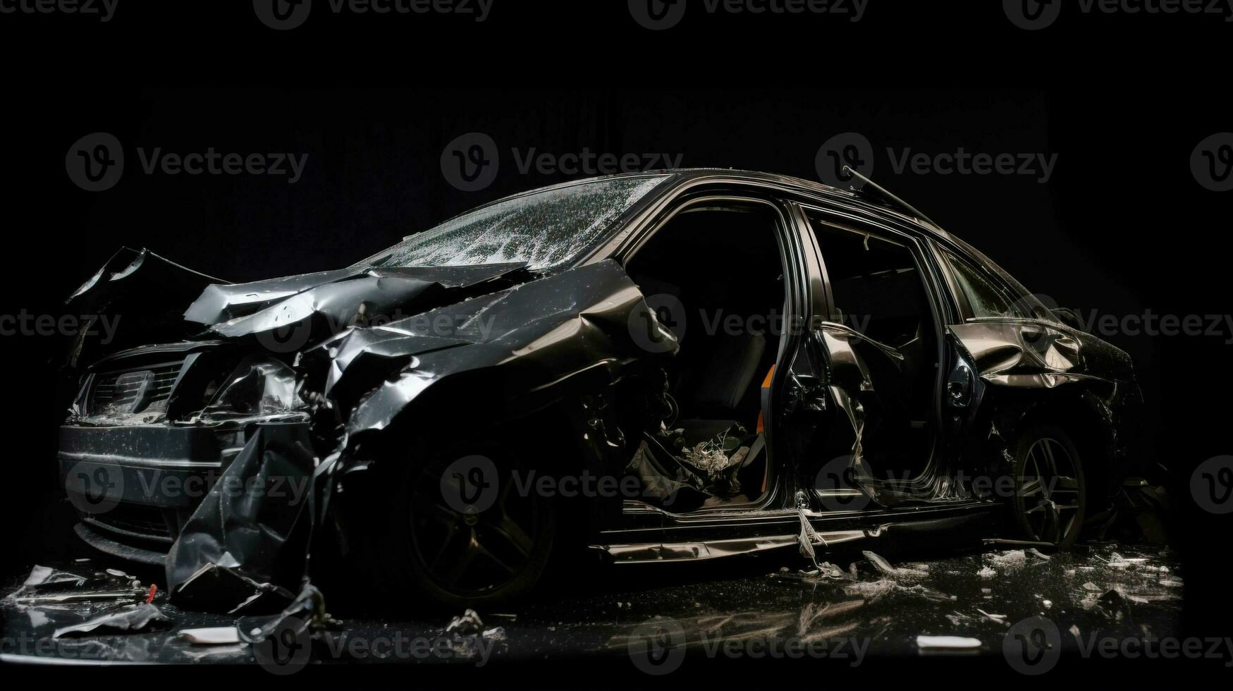 voiture accident, cassé endommagé corps métal. la vie assurance, technologie. noir voiture noir Contexte. ai généré. photo