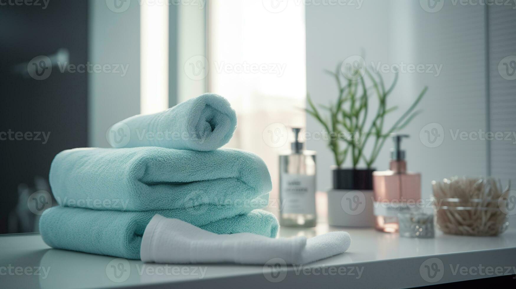 articles de toilette et les serviettes dans le salle de bains, personnel hygiène concept, génératif ai photo