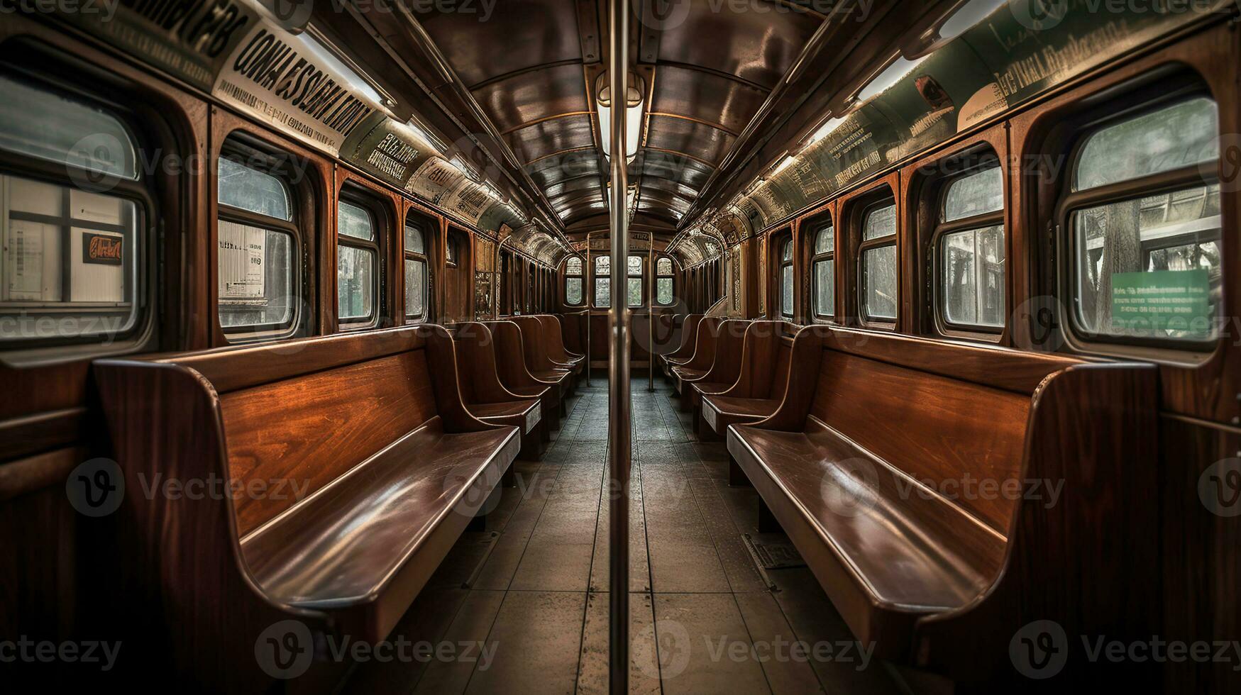 une métro voiture avec en bois bancs, ai génératif photo