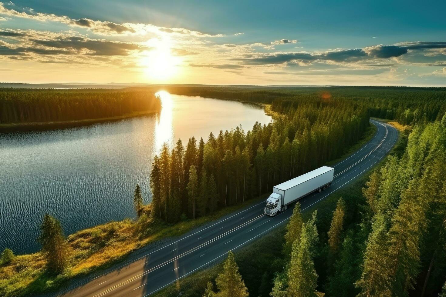 aérien vue de une un camion conduite le long de le route par le forêt à le coucher du soleil. aérien vue de semi un camion avec cargaison bande annonce sur route courbe à Lac rive avec vert pin forêt, ai généré photo