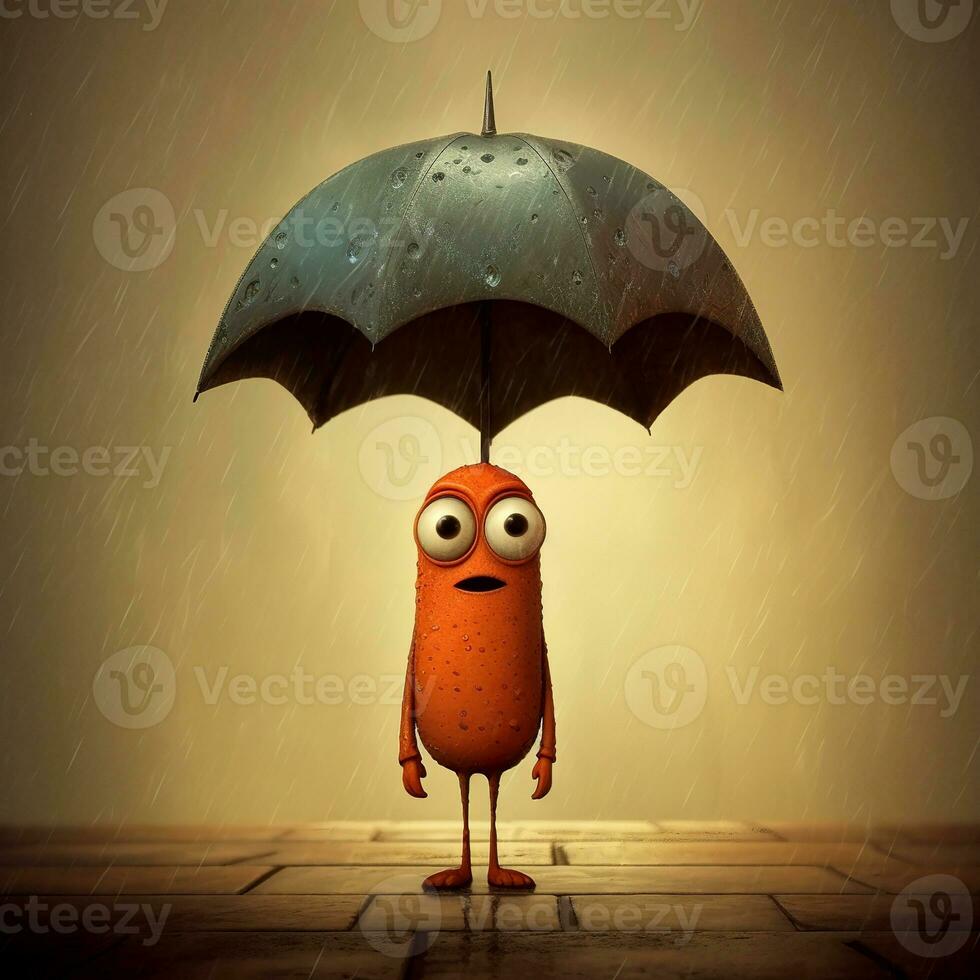 marrant monstre avec parapluie dans le pluie. triste marron dessin animé, une déprimé, déçu personnage. dessin animé mignonne bizarre en dessous de un parapluie. photo