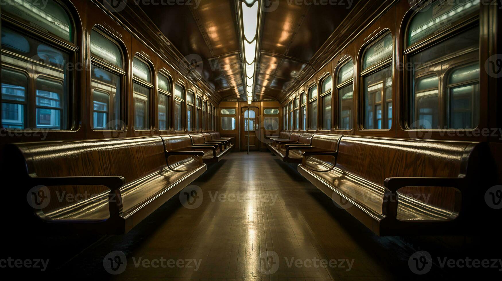 une métro voiture rempli avec beaucoup de en bois bancs, en miroir, ai génératif photo