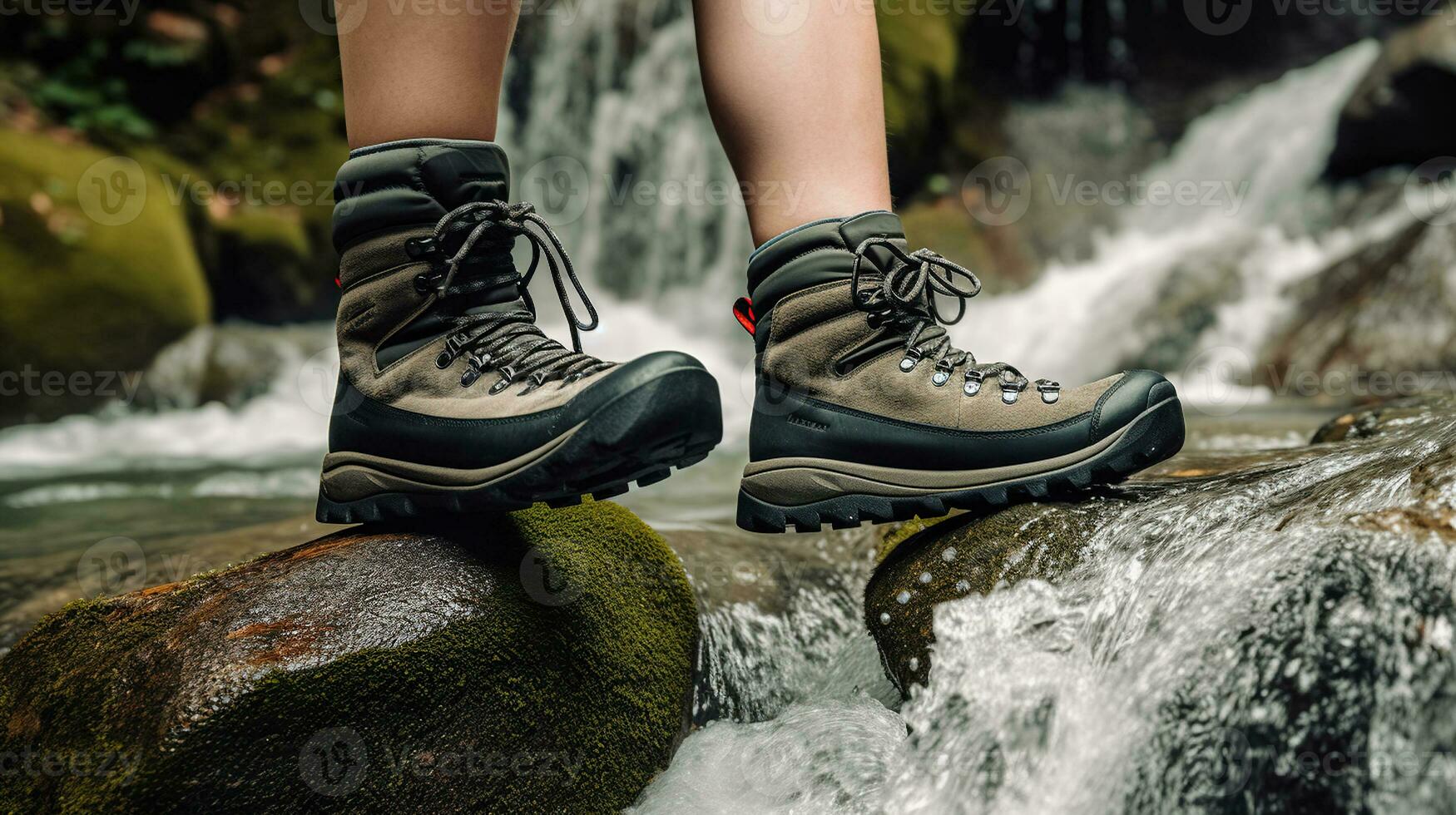 une fermer de une du randonneur trekking des chaussures traversée une montagneux zone près une cascade, génératif ai photo