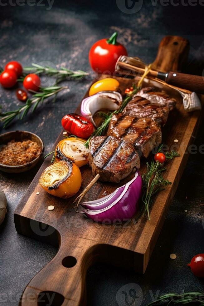 cuit délicieux réaliste shish kebab sur une brochette et grillé cuit des légumes dans fermer sur un chêne planche dans le former. réaliste Contexte avec magnifique réaliste éclairage, génératif ai photo