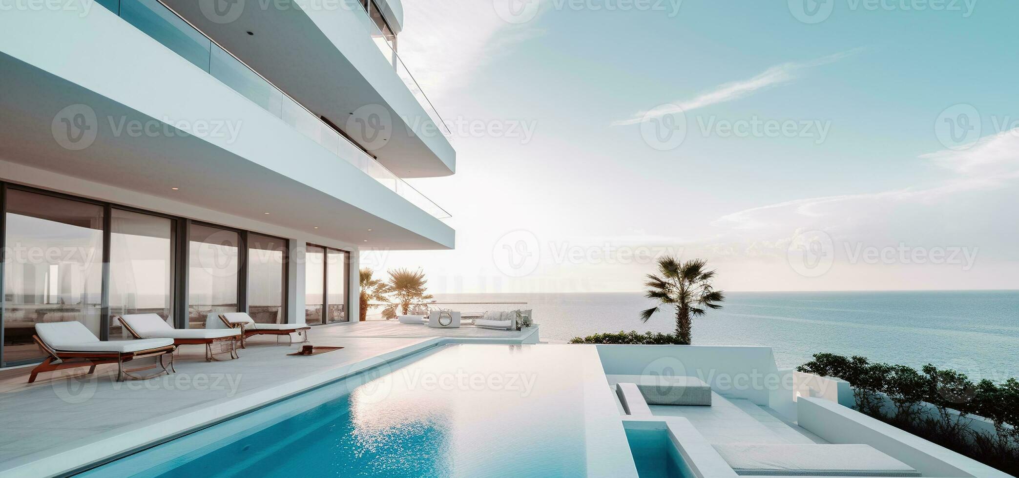 luxe moderne blanc plage Hôtel avec nager bassin. mer voir. transat sur terrasse pour vacances Accueil ou Hôtel. génératif ai photo