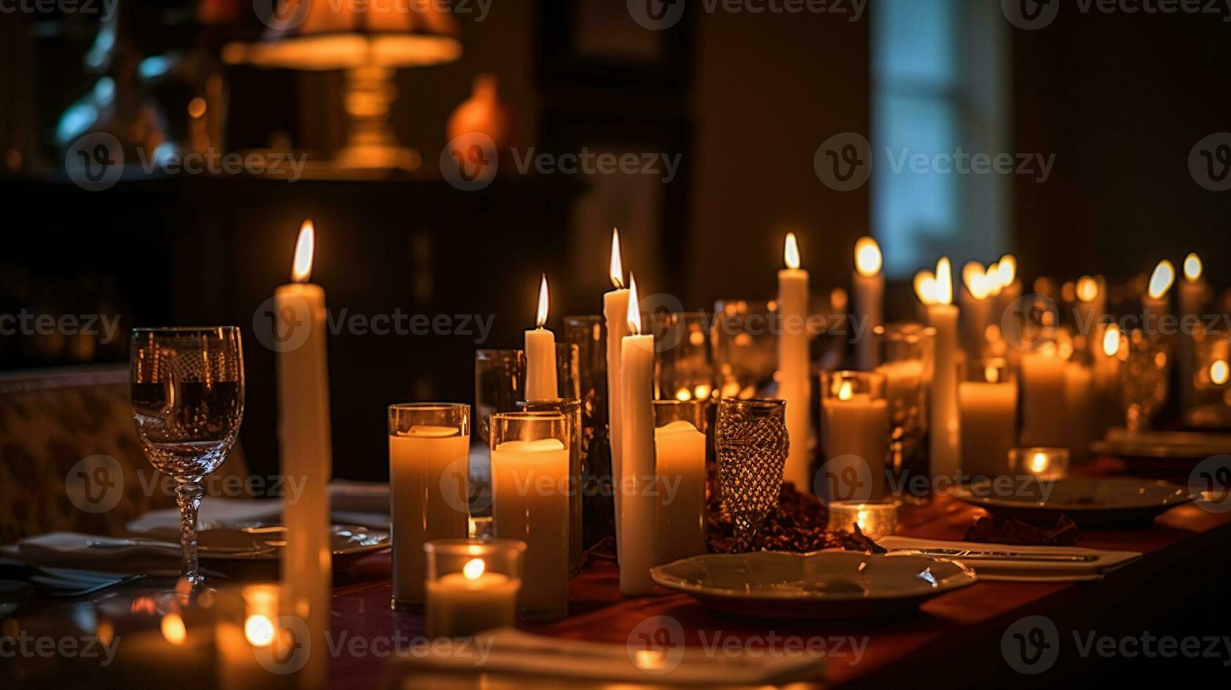 une de façon festive servi tableau. une bougie sur le tableau. génératif ai photo