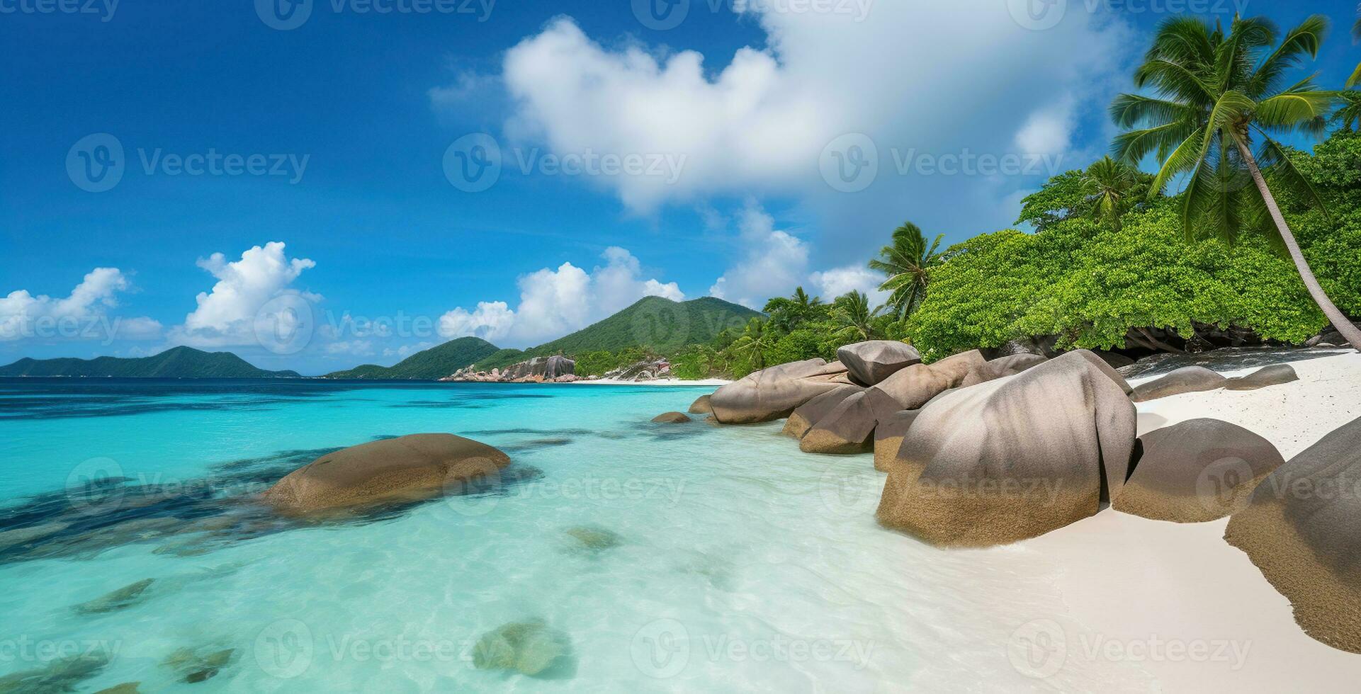 une captivant oasis de paume des arbres, blanc sable, et Azur des eaux sur une tropical îles paradis plage. génératif ai photo