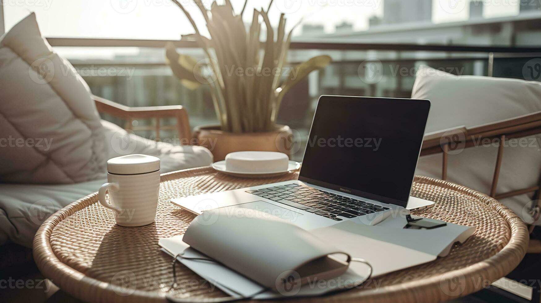 Accueil Bureau concept. désigné travail de Accueil zone à le balcon. moderne ordinateur portable, carnet et une tasse de café sur tableau, élégant paille chaise avec coussins. proche en haut, ai génératif photo