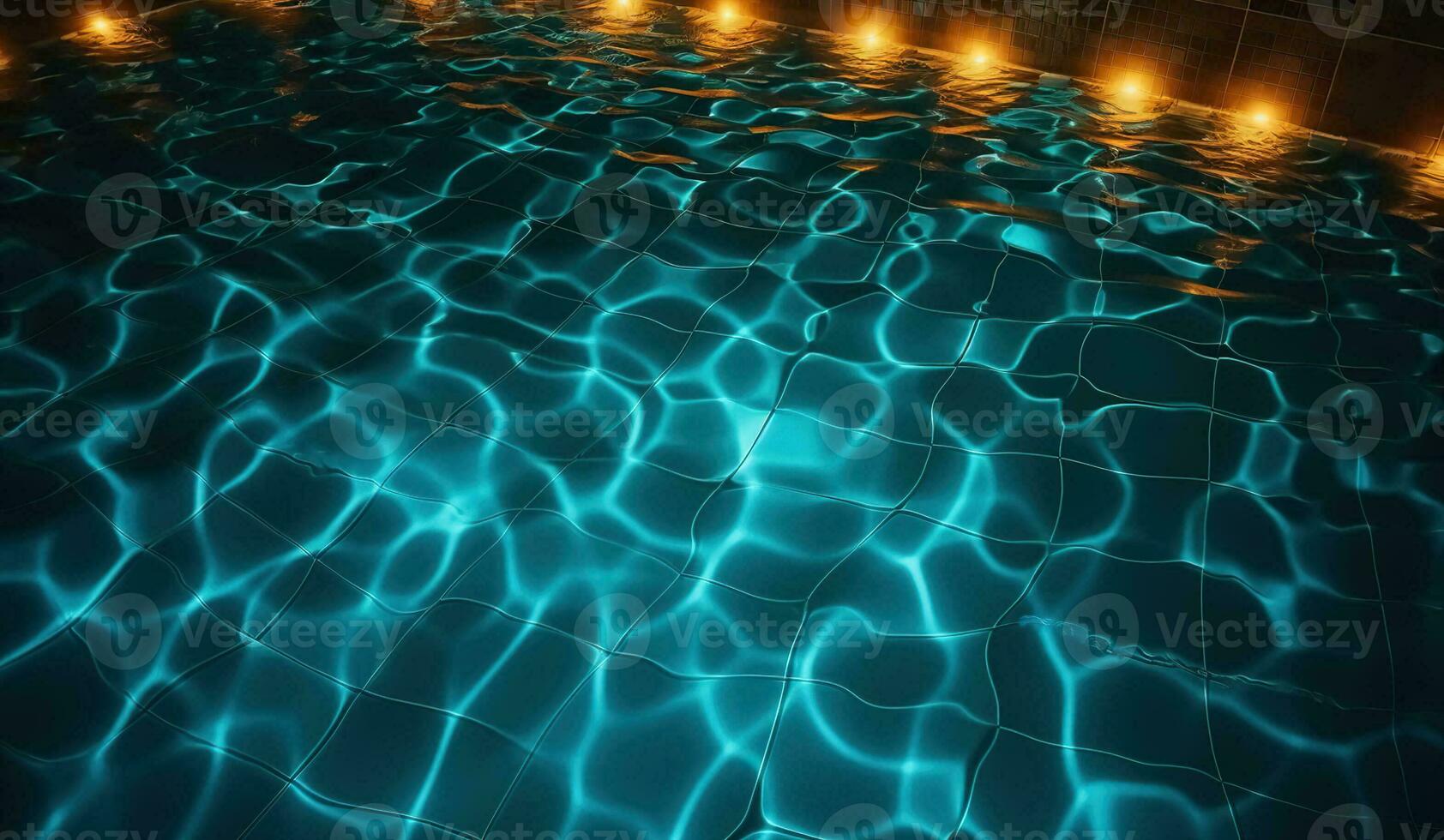 captivant Haut vue de illuminé lumières moulage une chatoyant épeler sur le la piscine l'eau surface, génératif ai photo