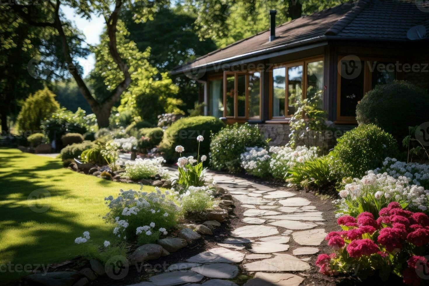 épanouissement fleurs dans une jardin, magnifique villa dans le jardin. photo