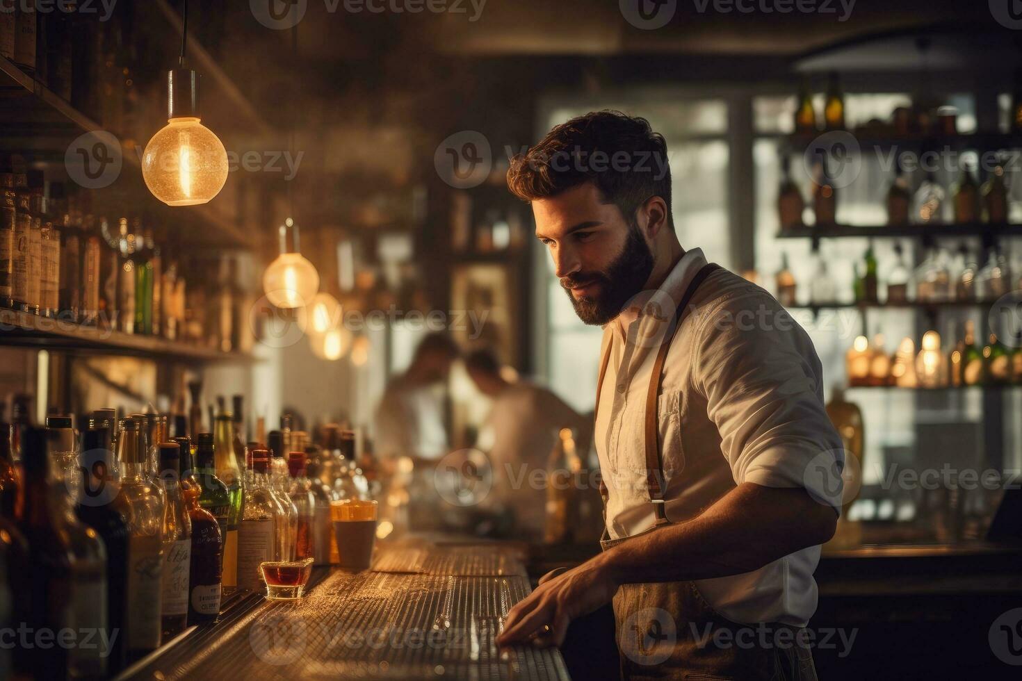 barman travail à compteur sur bar espace. photo