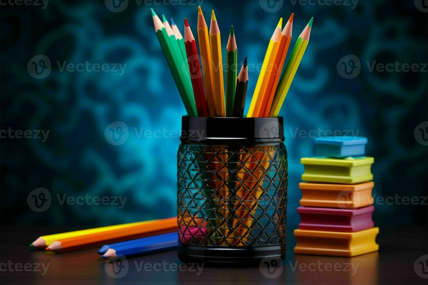 retour à école scène crayon titulaire rempli avec vibrant des crayons ai généré photo