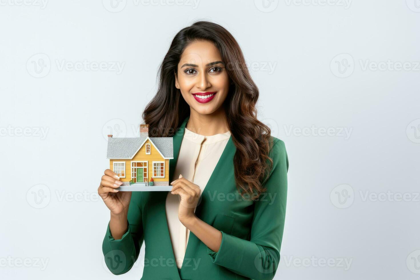 un Indien femme en portant une miniature maison. Accueil la possession concept ai généré photo