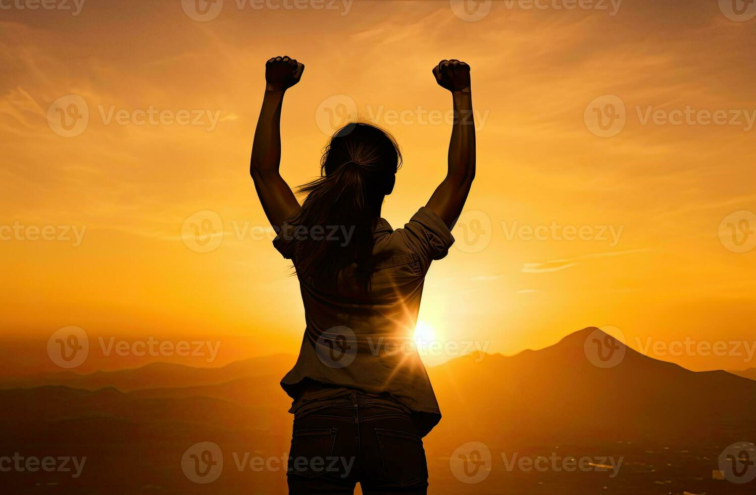 femme avec poing dans le air. motivé, force, et courage concept. ai généré photo