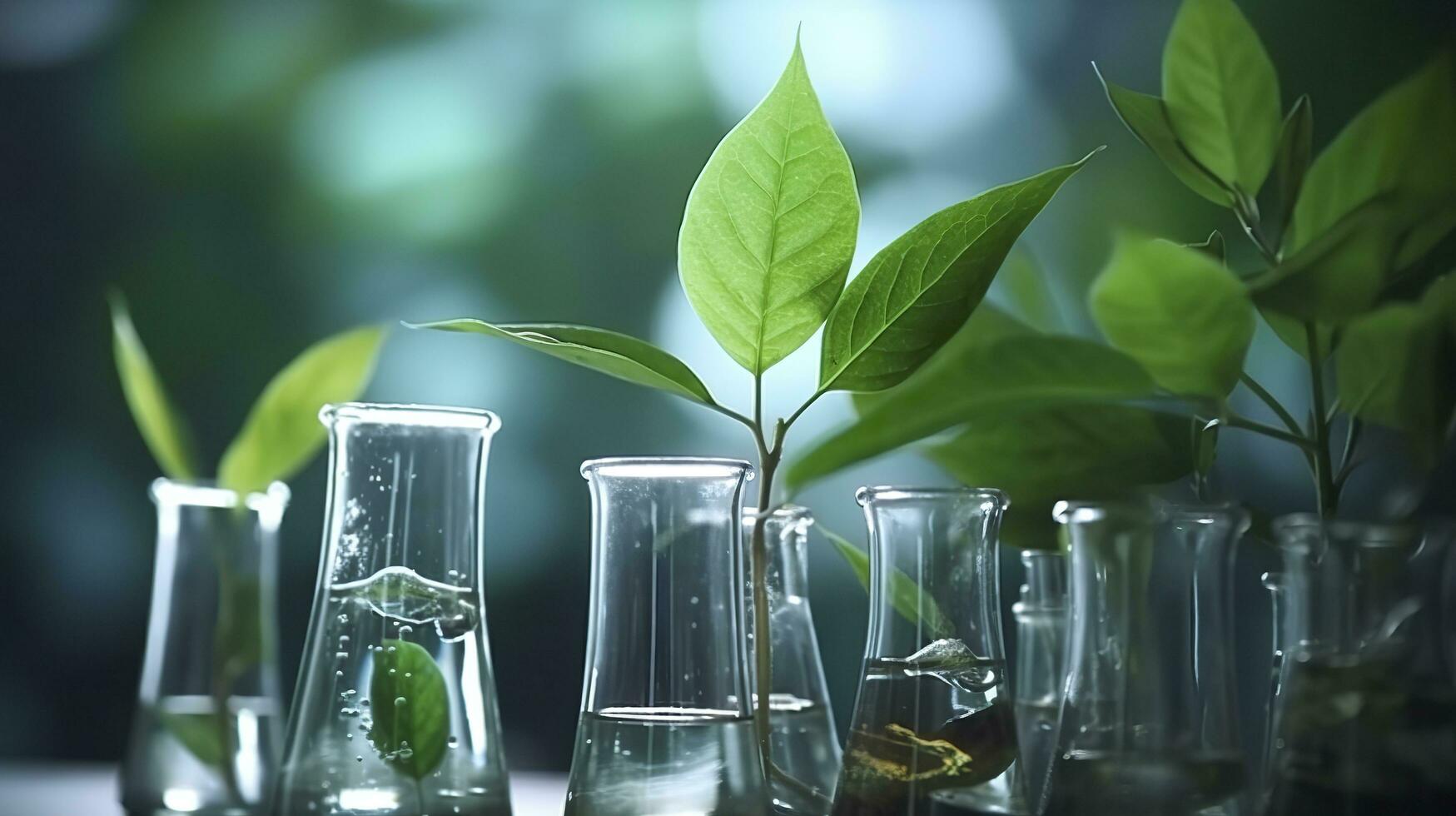 biotechnologie concept avec vert plante feuilles, laboratoire verrerie, et conduite recherche, illustrant le puissant combinaison de la nature et science dans médical avancées. ai génératif photo