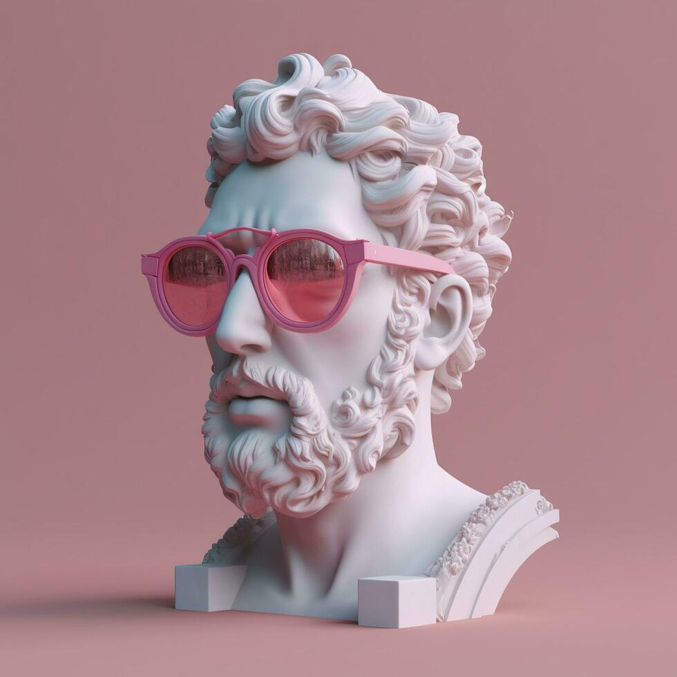 le tête de une blanc mythologique statue avec à la mode rose des lunettes sur le sien yeux, Cadre dans profil. ai génératif photo