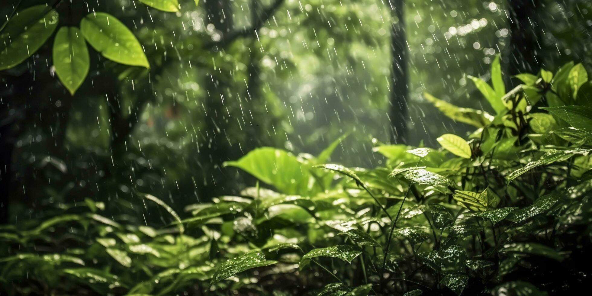 pluie chutes dans une forêt tropicale avec le pluie gouttes. génératif ai photo