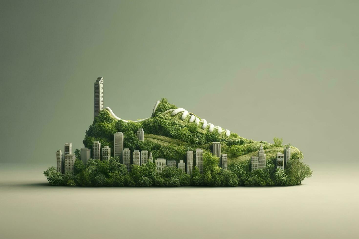 une photo a été pris chaussure avec verdure et ville , carbone empreinte concept. ai génératif