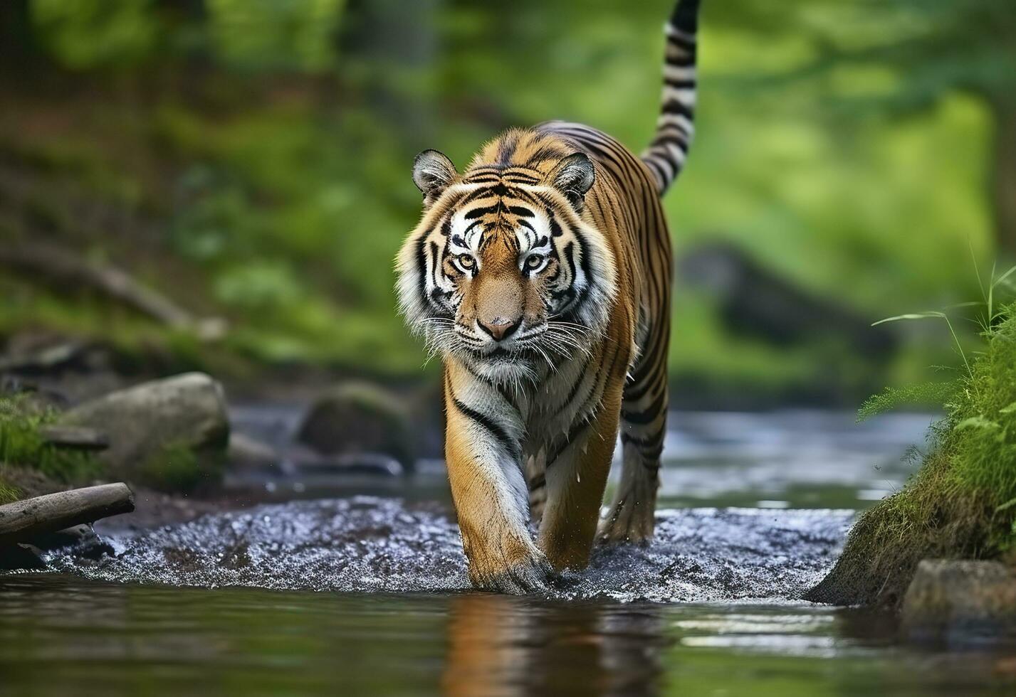 amour tigre en marchant dans le l'eau. dangereux animal. animal dans une vert forêt flux. génératif ai photo