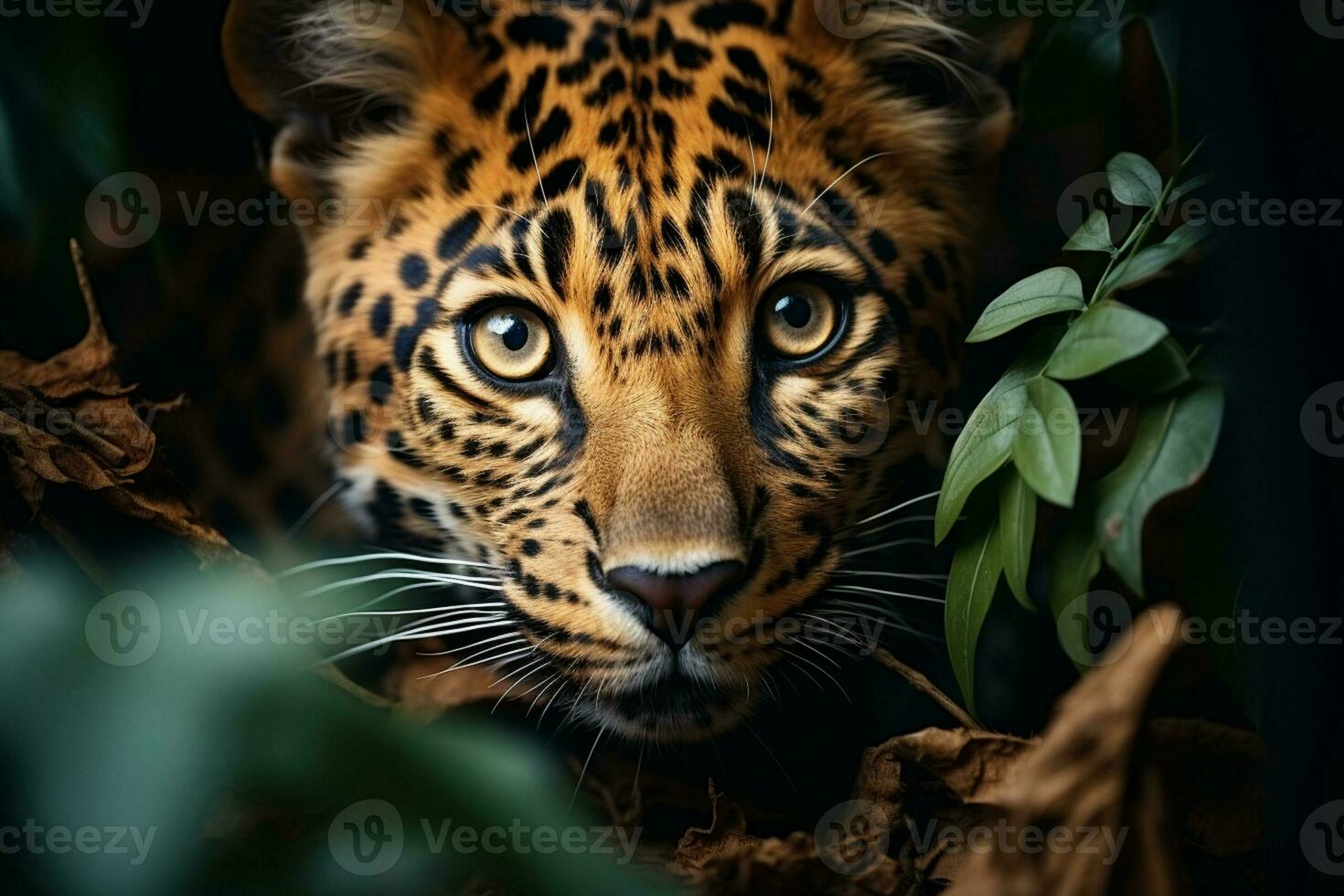 intense regard, fermer de une Jeune léopard, camouflé dans le forêt ai généré photo