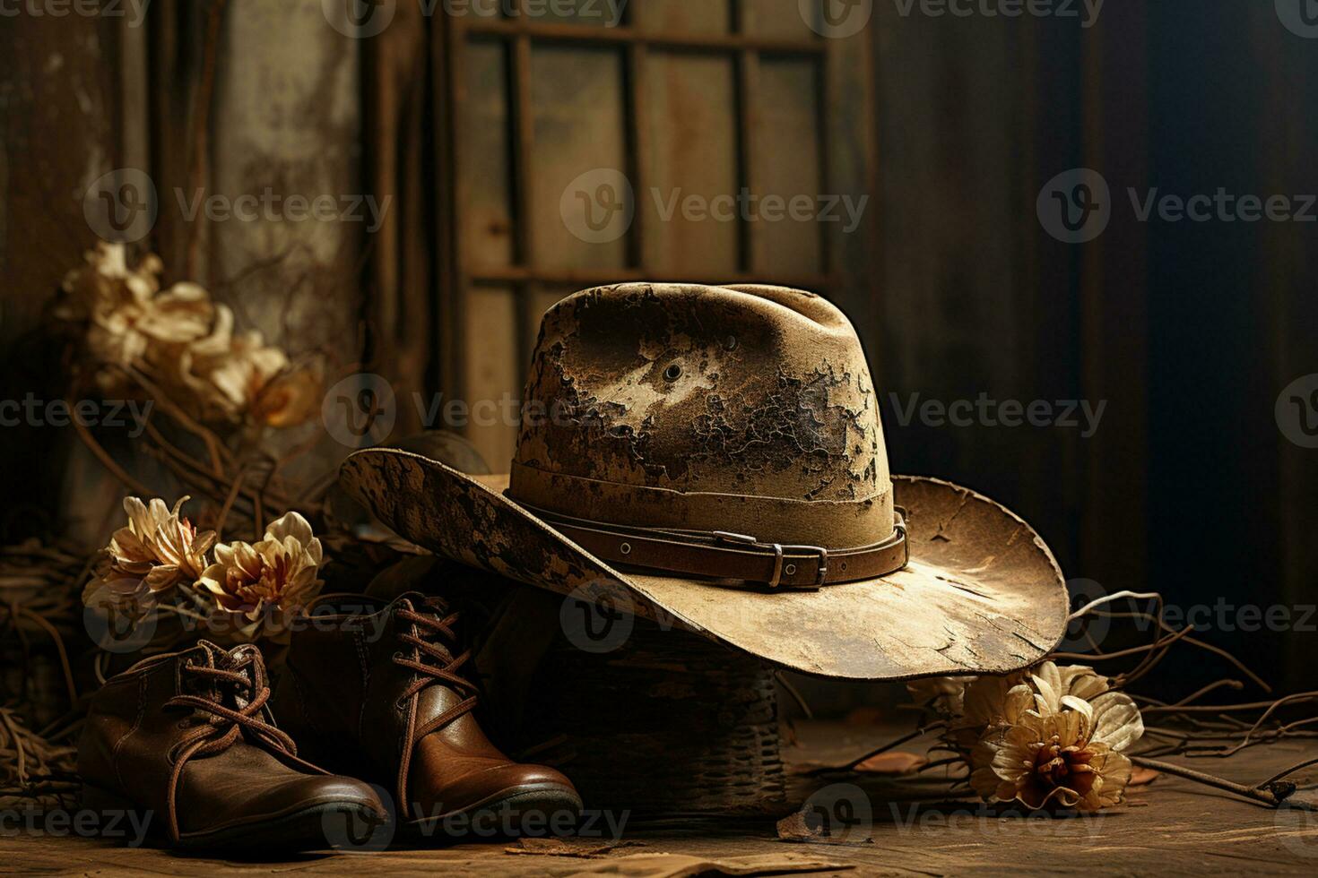 blanc rodeo chapeau, lasso, bottes sur affligé Grange bois ai généré photo